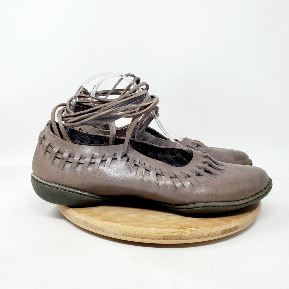 Trippen Shoes Womens 39 Fish Comfort Taupe Leather Woven Ankle Wrap Sandal